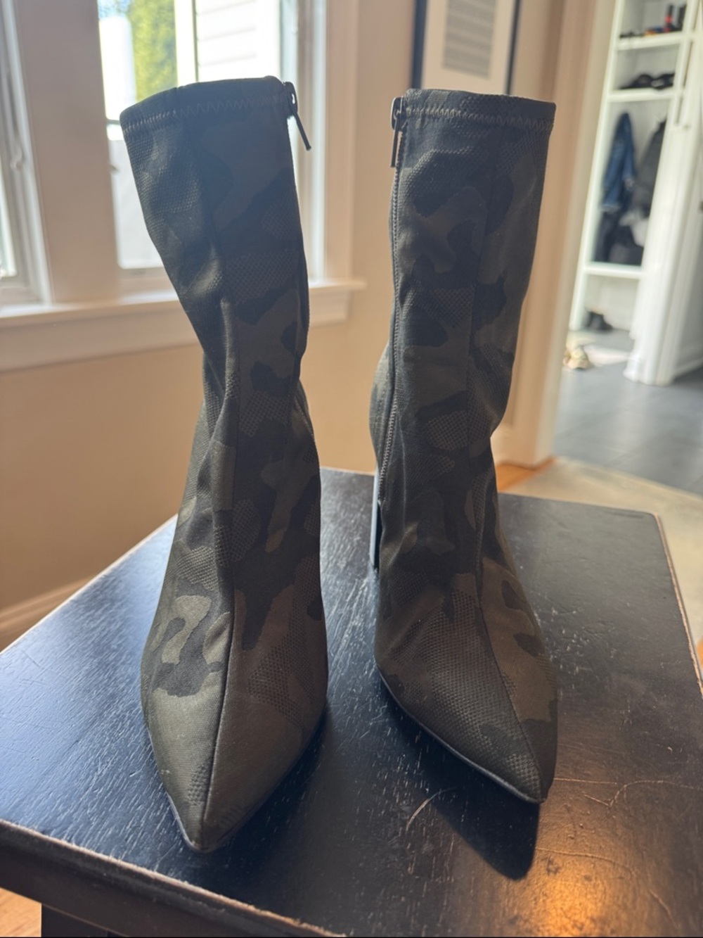 Jeffrey Campbell Black Camo Stretch Sock Heeled Boots